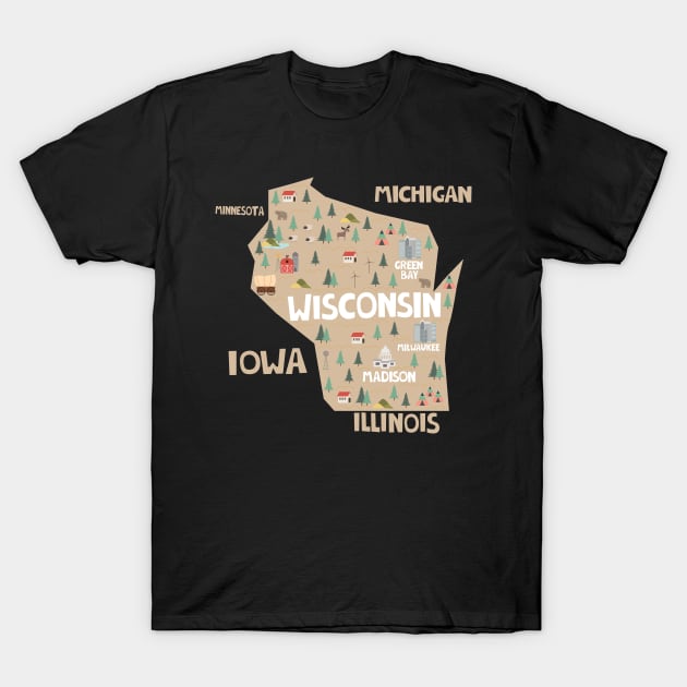 Wisconsin State USA Illustrated Map T-Shirt by JunkyDotCom